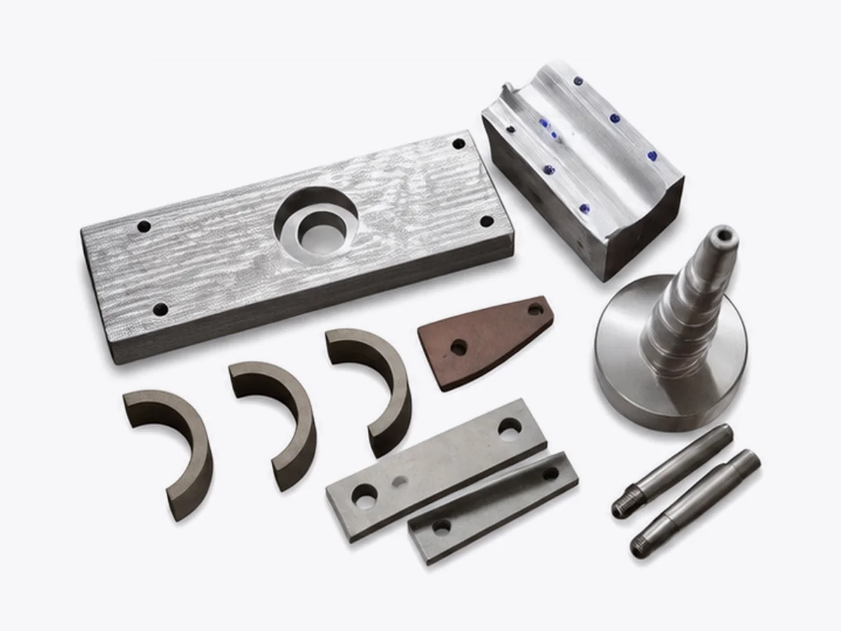CNC-machined plates, blocks, half-rings and a turned shaft