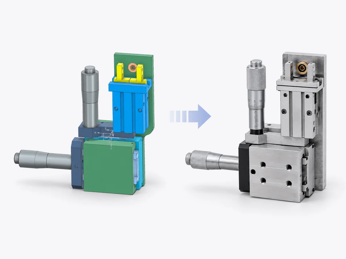 A micro-positioning stage shown as a CAD model and as the finished machined part