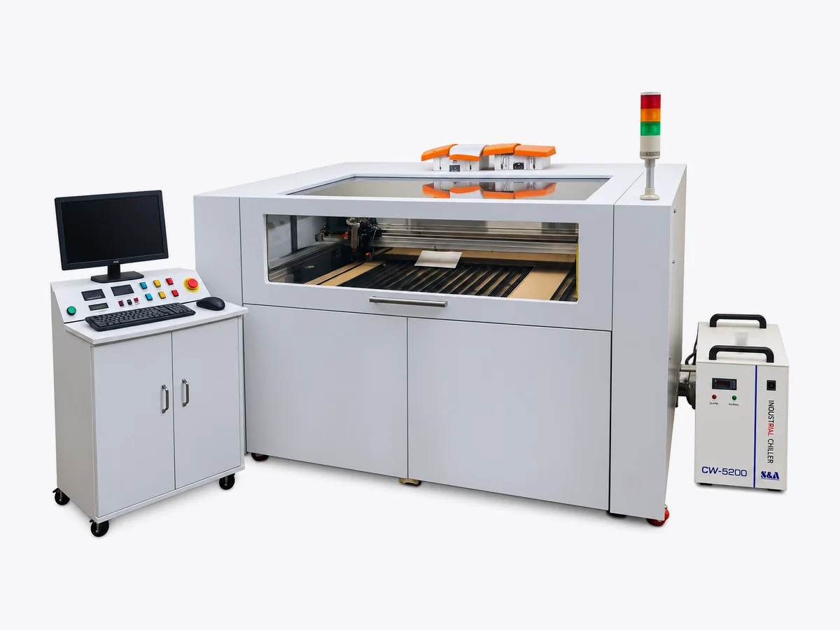 CO₂ laser machine with control station and chiller