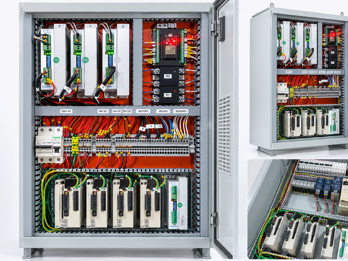 Industrial control panel with axis drives, relays and terminal blocks