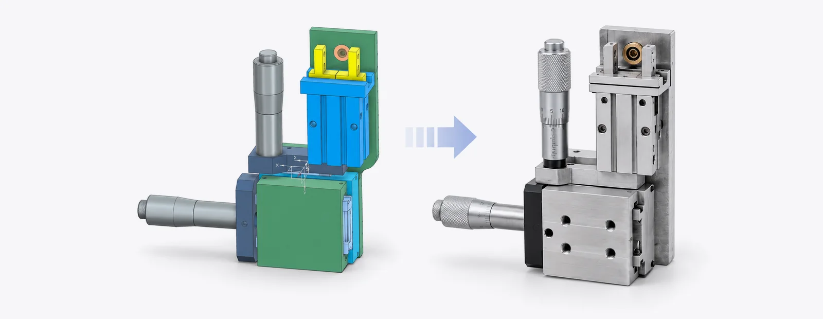 A micro-positioning stage as a CAD model, and the same part machined and assembled in-house