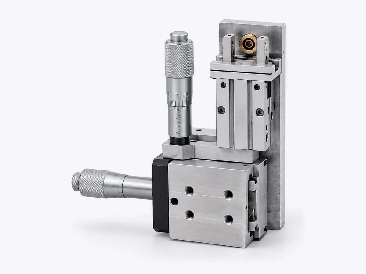 Micrometer-driven micro-positioning stage, shown as CAD model and finished part
