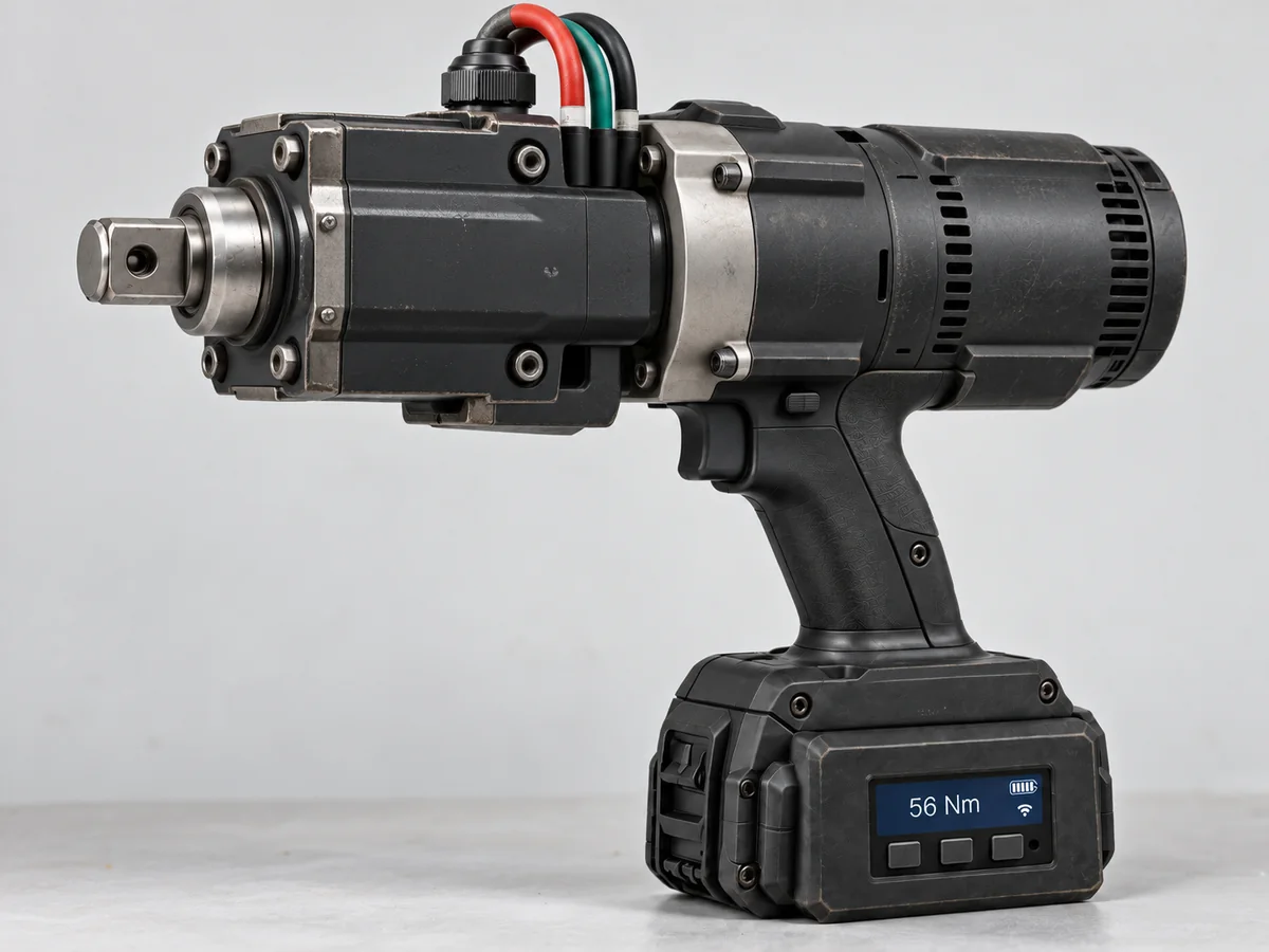 Torque-sensing wrench with a wireless display reading 56 Nm